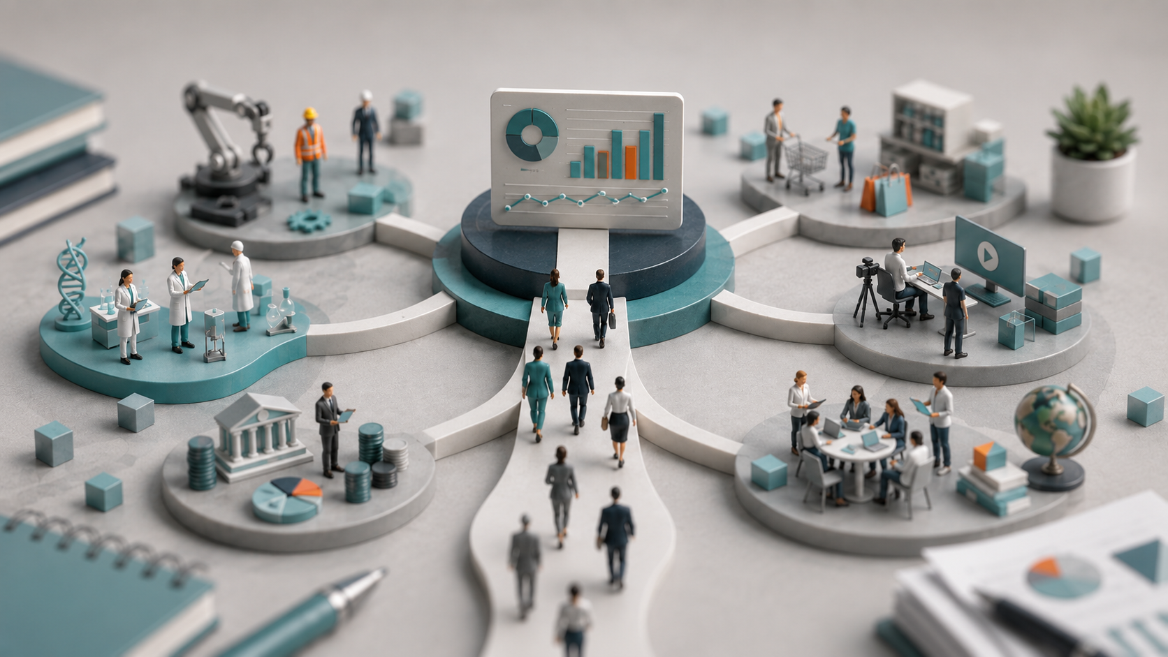 Miniature teams working in various industries