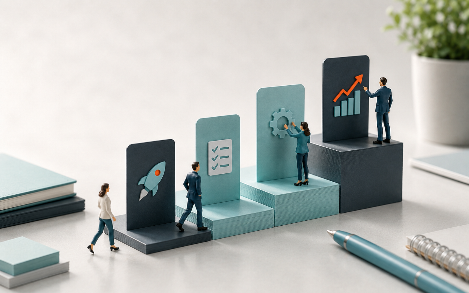Miniature figures ascending steps with launch, plan, configure, and results cards