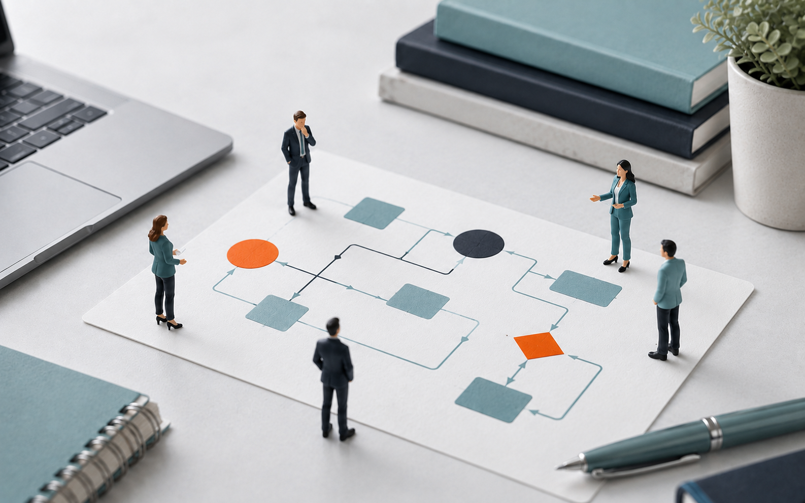 Miniature team of four standing around a teal and gold workflow flowchart