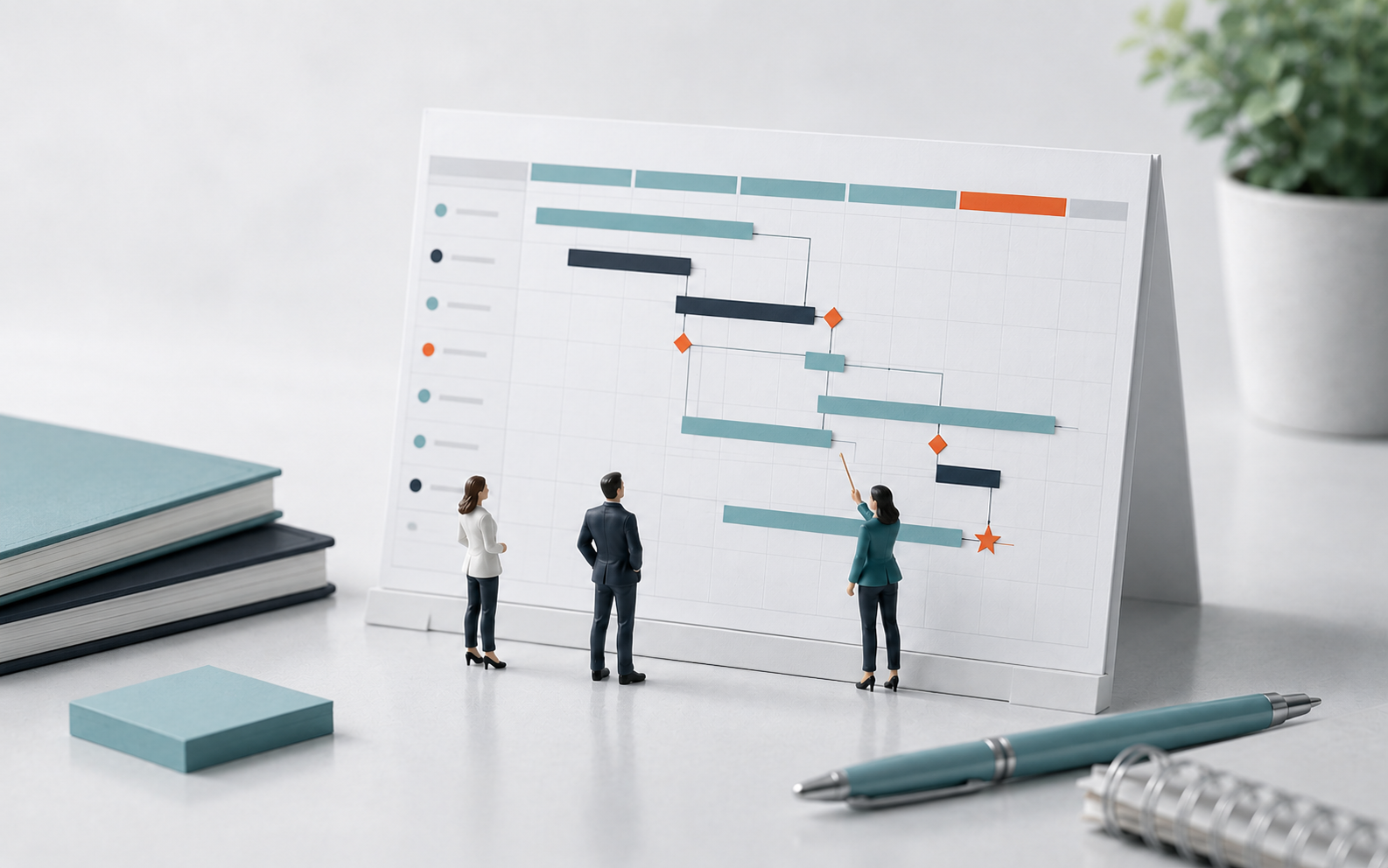 Miniature team of three reviewing a Gantt project timeline chart