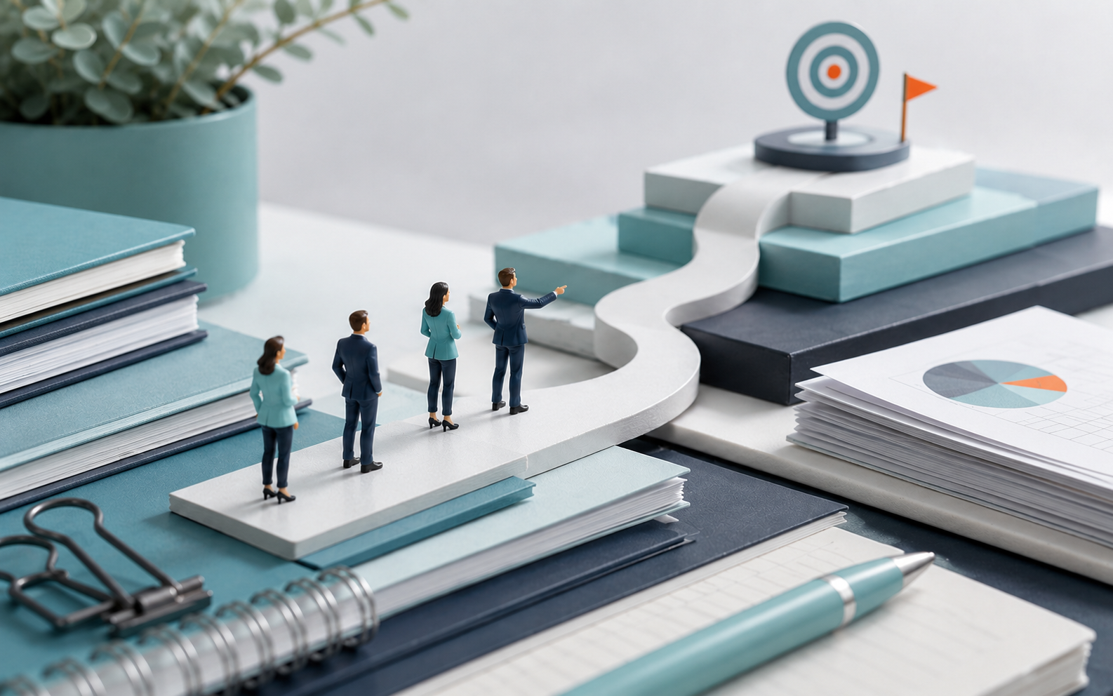 Miniature team on a winding path leading to a gold target goal